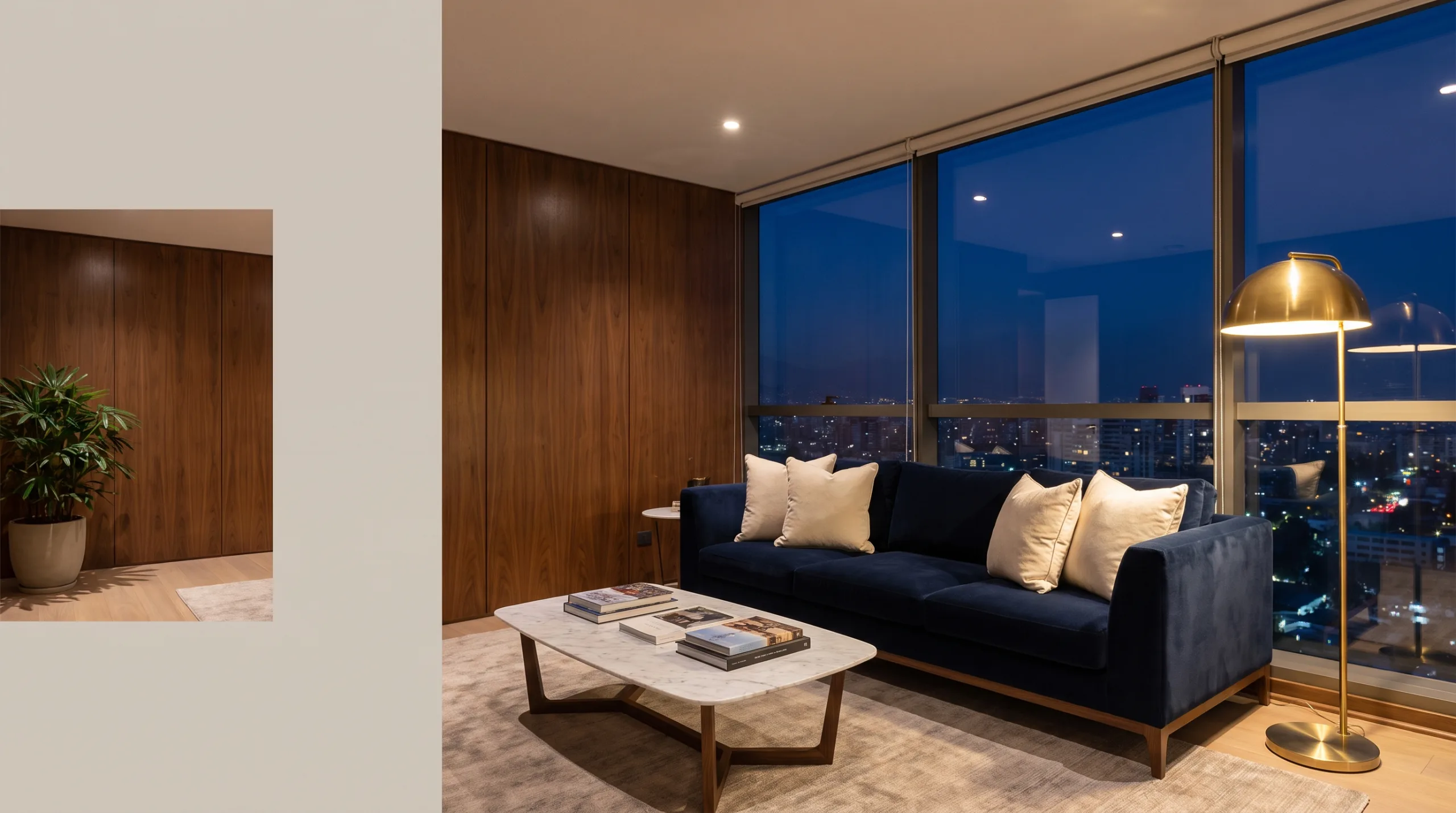 Living de un departamento con sofá azul, paneles de madera y vista nocturna a la ciudad